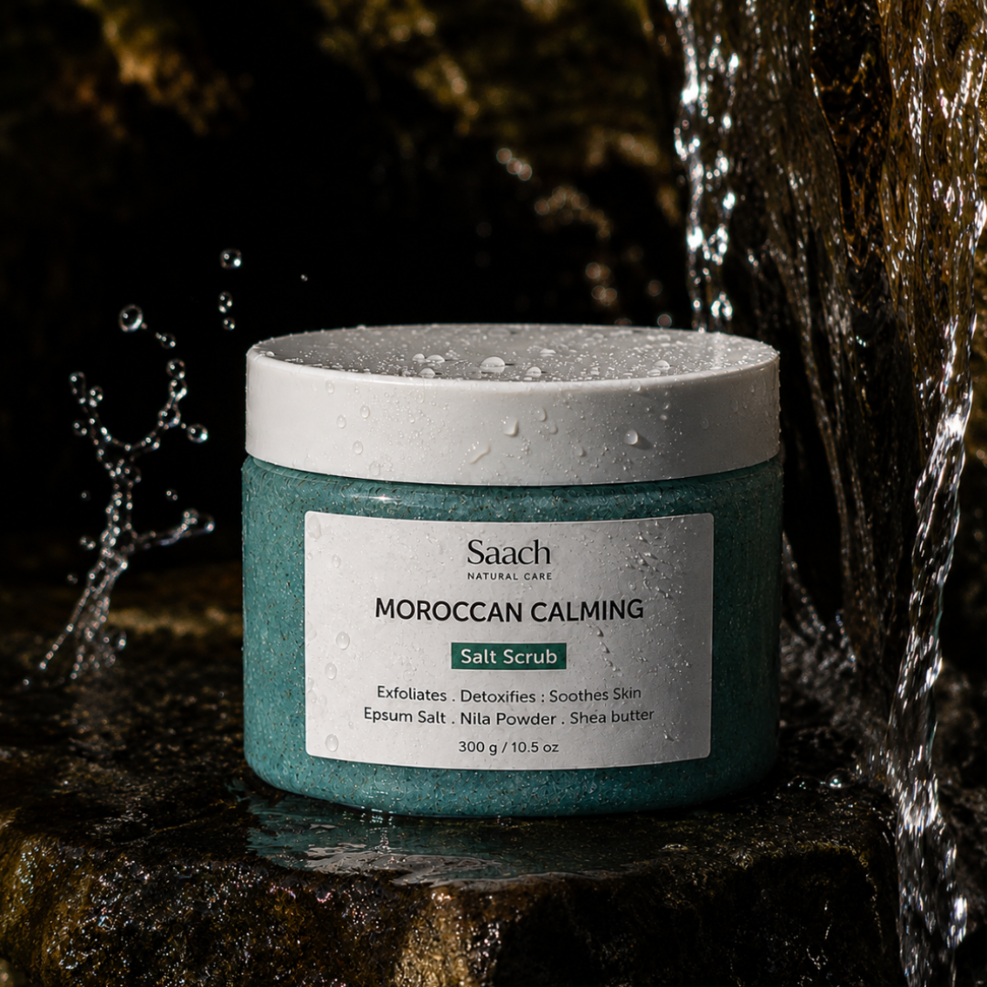 Saach Salt Body Scrub in a clear jar showing coarse salt particles and natural ingredients for exfoliating skin.