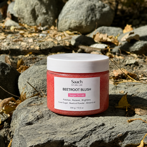 Saach Sugar Body Scrub in a jar with textured granules, designed for exfoliating and moisturizing the skin.