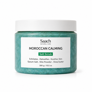 Saach Salt Body Scrub with natural exfoliating salt granules, smooth skin, and moisturizing ingredients in a clear jar.