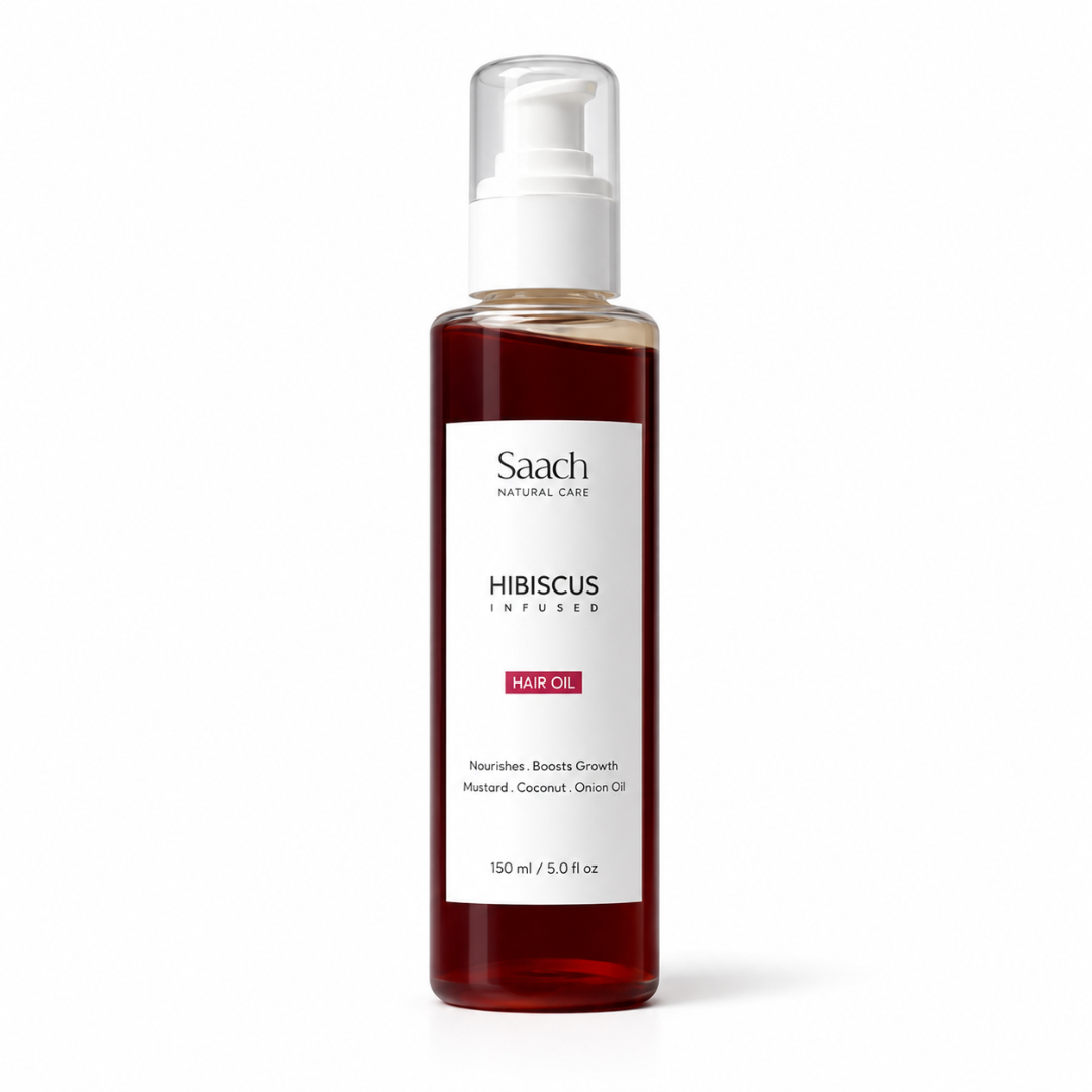 Saach Hibiscus Infused Hair Oil bottle with hibiscus flowers and natural ingredients visible in the image.
