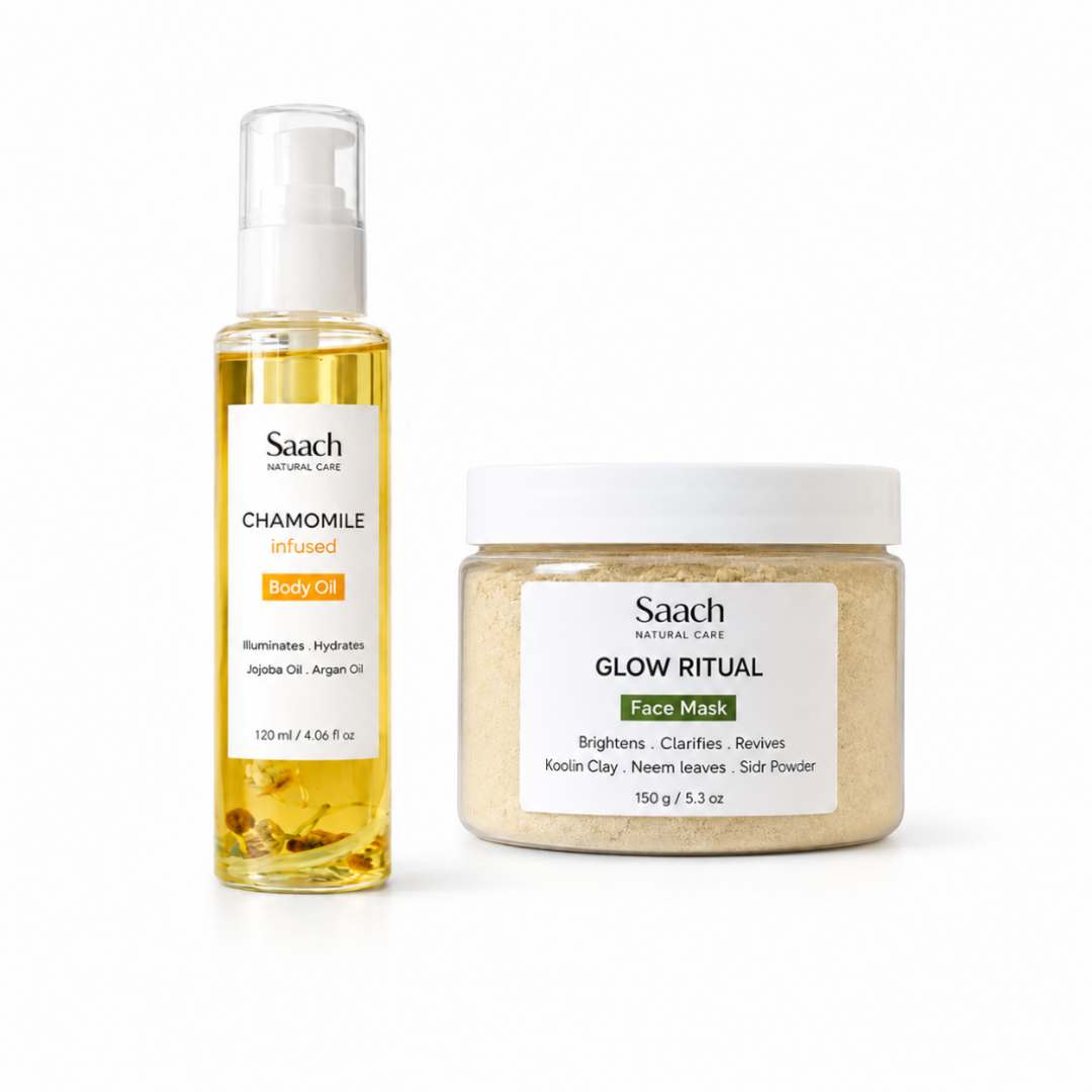 Saach Face Reset Kit featuring a nourishing body oil and rejuvenating face mask for refreshed skin.