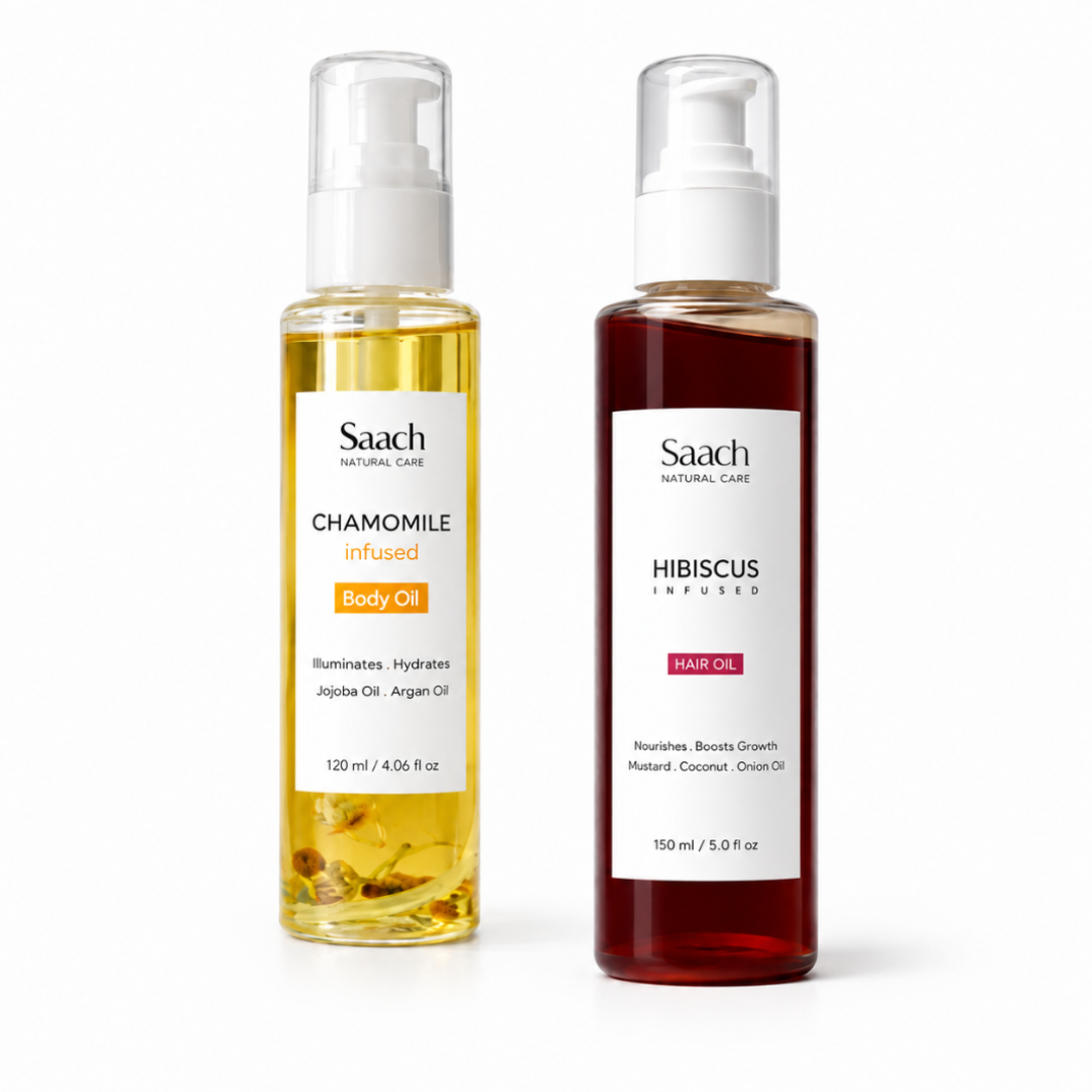 Saach Head to Toe Ritual with nourishing body and hair oils, featuring a bottle of body and hair oil on a white background.