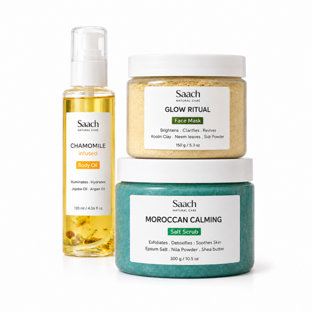 Saach Ritual Bundle with body oil, salt scrub, and face mask displayed together on a neutral background.
