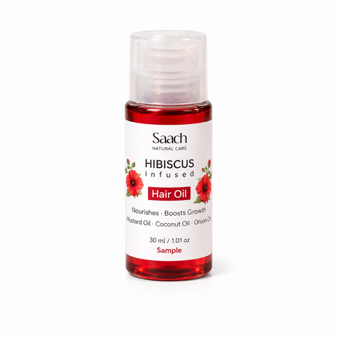 Saach Hibiscus Infused Hair Oil in a 30 ml bottle, showcasing the herbal oil with hibiscus flowers and natural ingredients.