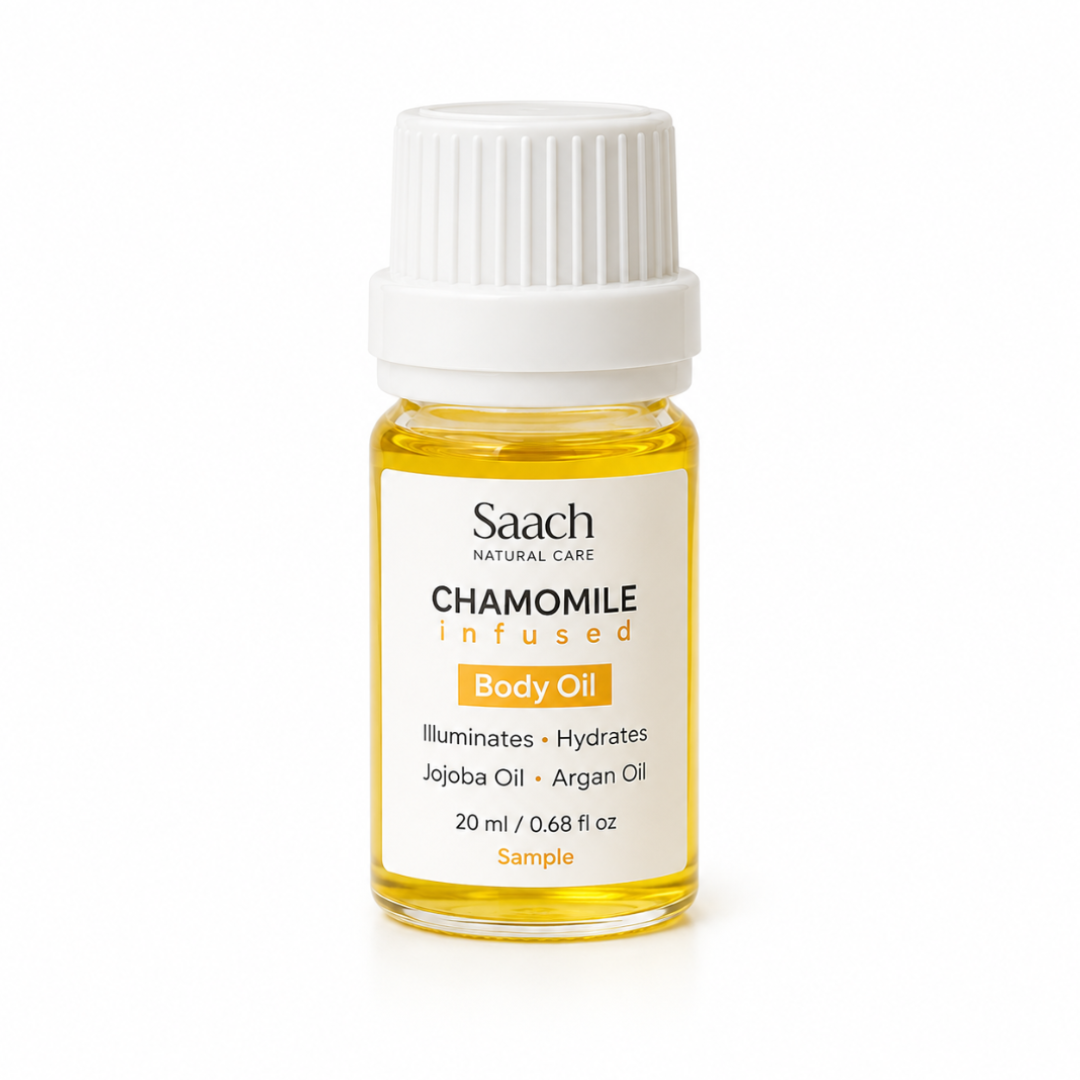 Saach Chamomile Infused Body Oil sample bottle showing 20 ml size with a clear, calming label and soothing floral design.