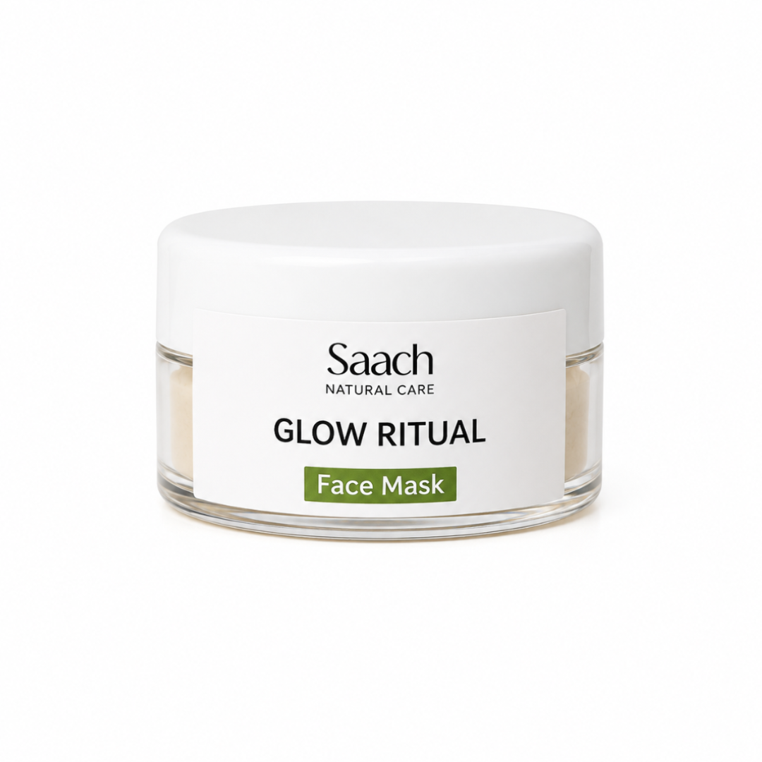 Saach Glow Ritual Face Mask sample in a 20g jar, showing the creamy, glowing skincare product ready for application.