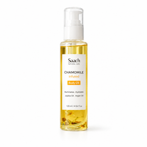 Saach Chamomile Infused Body Oil bottle with fresh chamomile flowers and golden oil, showcasing natural skincare ingredients.