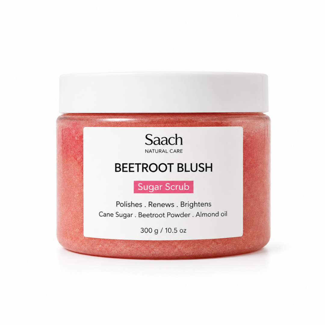 Saach Sugar Body Scrub with natural exfoliants, shown in a clear container with a textured, grainy appearance for smooth skin.