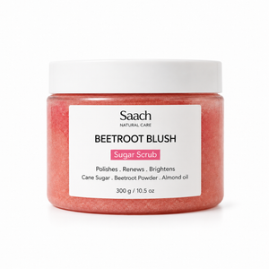 Saach Sugar Body Scrub with natural exfoliants, shown in a clear container with a textured, grainy appearance for smooth skin.
